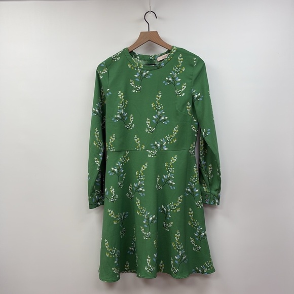 Ann Taylor LOFT Floral Long Sleeve A-Line Mini Dress Boho Green 6 - Picture 4 of 12